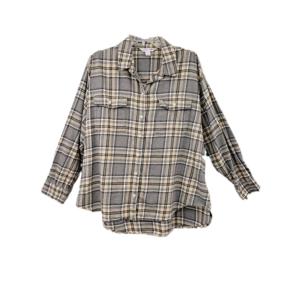 Old Navy The Boyfriend Shirt Button Up Size XL Gray Cream Plaid Flannel Neutral